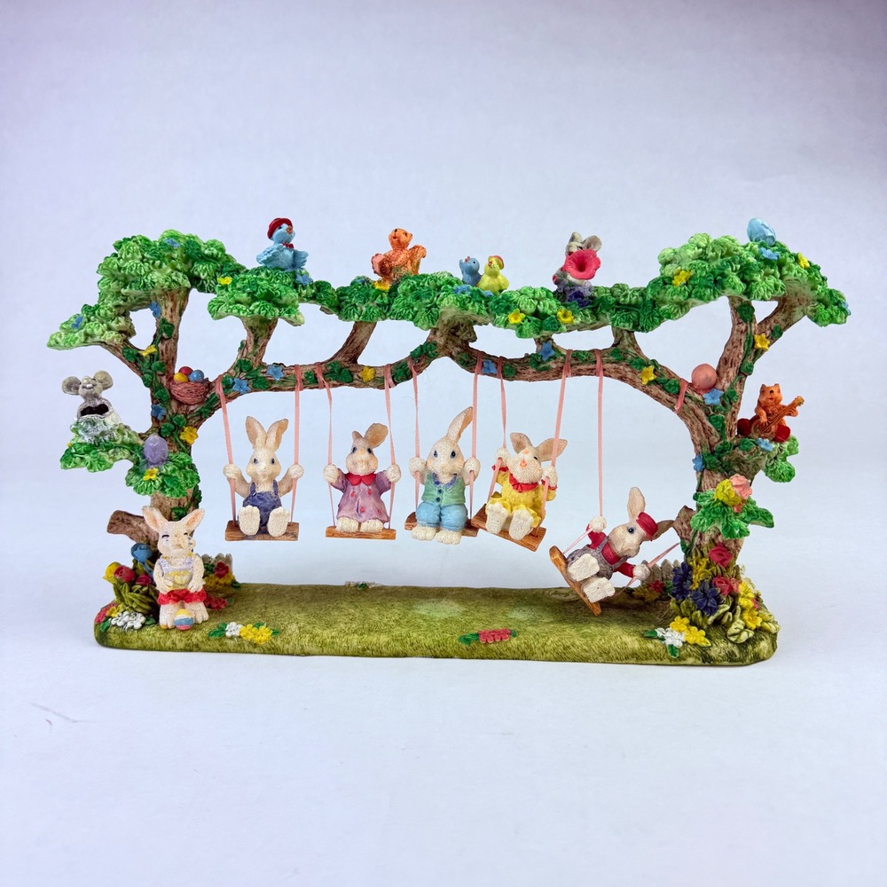 Jonny Sculpted Resin Bunny Rabbit Family on Swings Tree Figurine Easter BROKEN